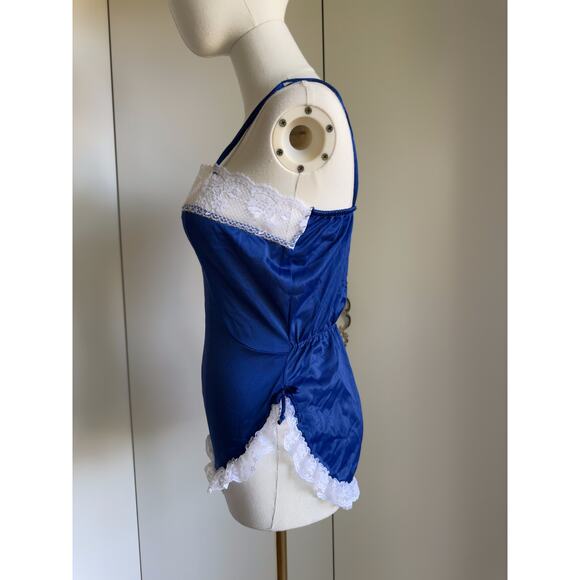 Vintage Lingerie Teddy Size Small/4-6 Navy White Lace Trim Sexy Romantic Tank - Picture 4 of 6